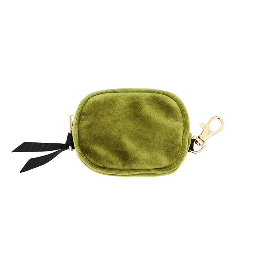 Bag-all Green Velvet Earbuds Case with gold zipper, black ribbon pull, and removable clasp - compact eco-friendly storage for AirPods and wireless earphones