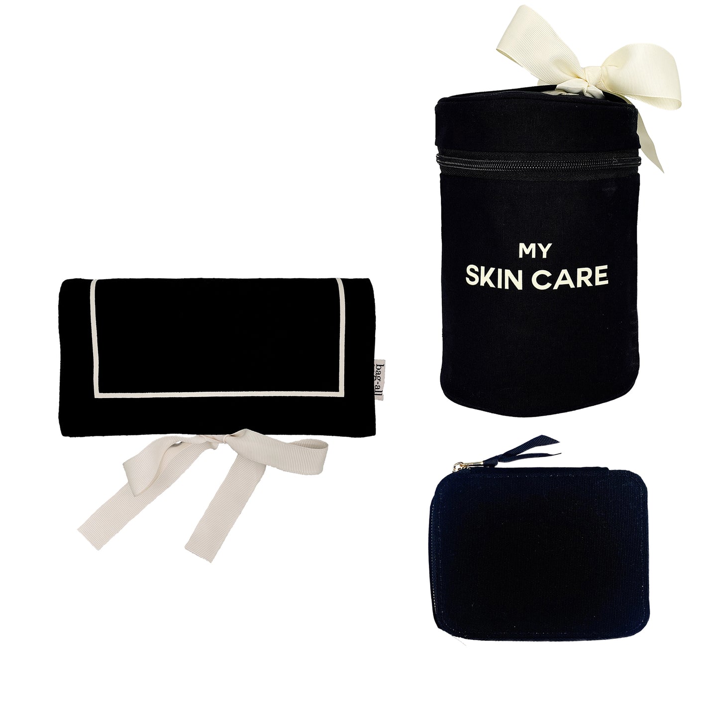 Bag-all Essential Gift Set 3-Pack in Black featuring Round Skin Care Case, Large Pill Case and Jewelry Roll - premium cotton travel organizers with white trim details and text embroidery