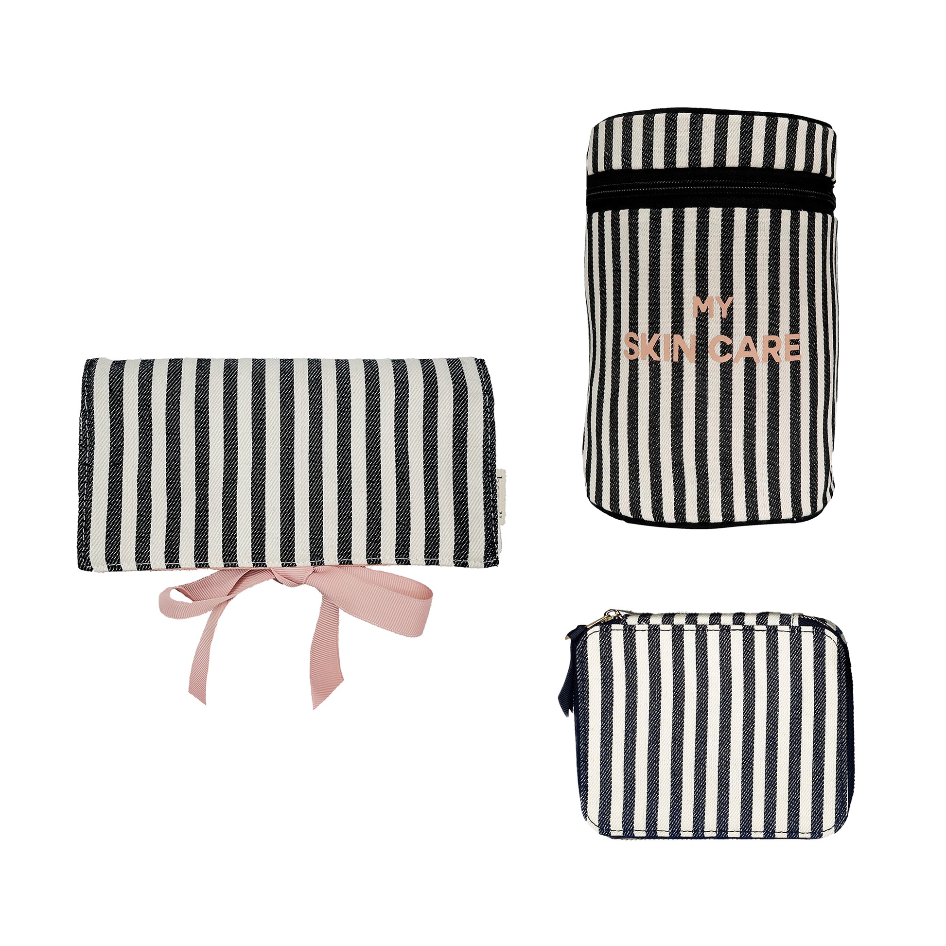 Bag-all Essential Gift Set Deal 3-Pack, Striped: Black and white striped cotton organizer set featuring skincare case, pill case, and jewelry roll with pink ribbon accent