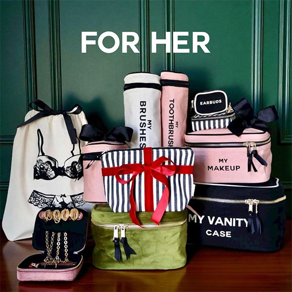 Bag-all pink and cream organizers set with vanity case, makeup pouch, brush and toothbrush holders, and jewelry case with bows