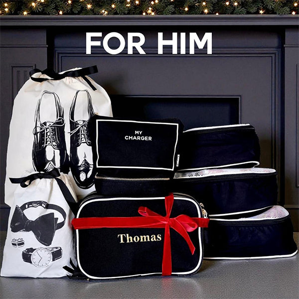 Bag-all black and cream travel organizers with personalized pouch tied with red ribbon and stylish shoe and accessory bags