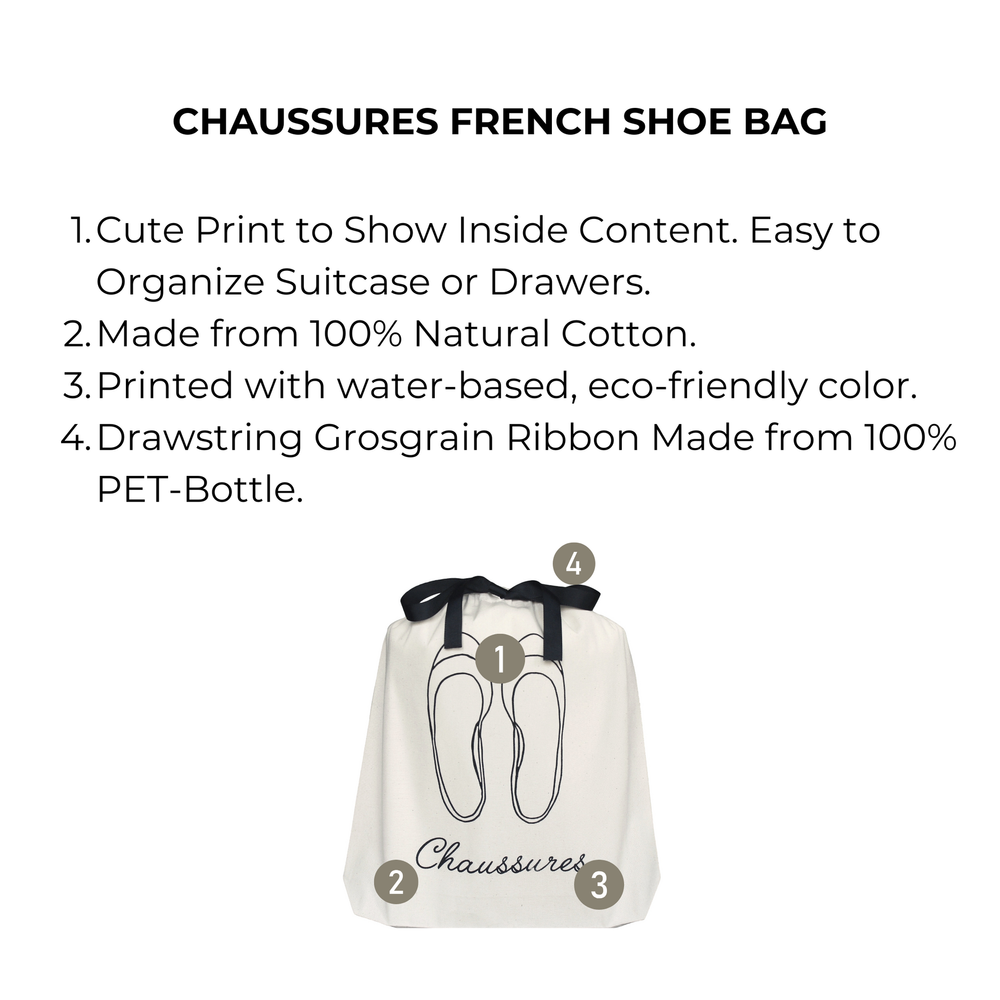 Bag-all Chaussures French Shoe Bag in cream cotton with elegant ballet flat illustration, eco-friendly print and recycled drawstring for sustainable travel organization