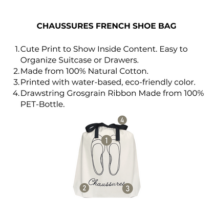 Bag-all Chaussures French Shoe Bag in cream cotton with elegant ballet flat illustration, eco-friendly print and recycled drawstring for sustainable travel organization