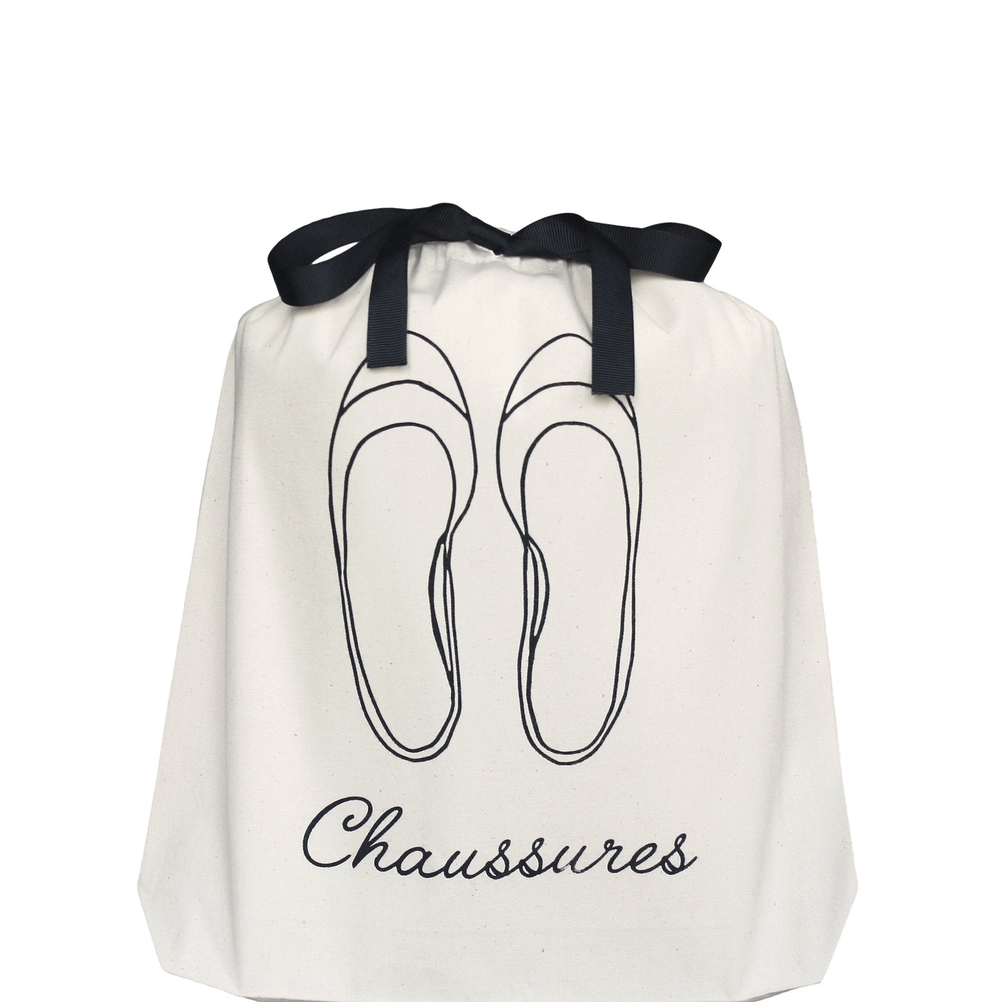 Bag-all Chaussures French Shoe Bag in cream cotton with black ballet flat illustration and ribbon ties, featuring elegant French text and minimalist design