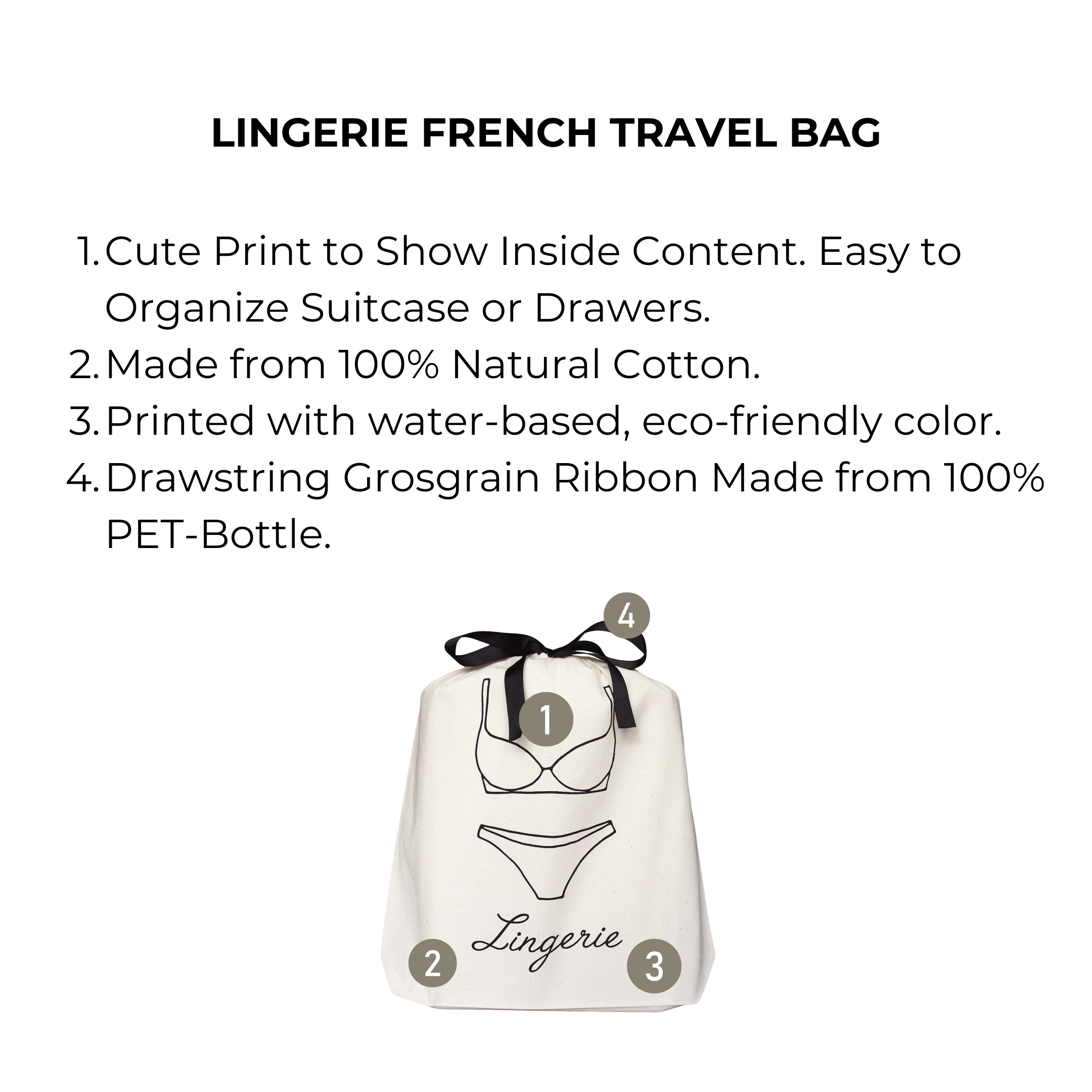 Bag-all Lingerie French Travel Bag in cream cotton with eco-friendly lingerie print design, featuring drawstring closure and sustainable ribbon - perfect for organized travel packing