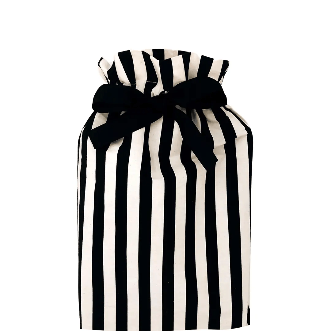 Striped black and white Bag-all reusable cotton gift bag with black bow tie for eco-friendly wrapping