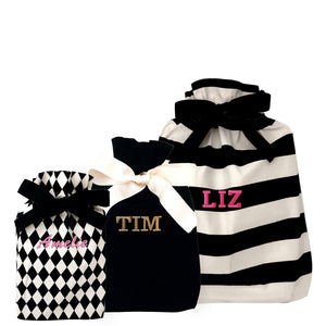 Bag-all Gift Bags Set Mix 1 featuring three reusable fabric bags in diamond, black, and striped patterns with personalized monogram options, perfect for sustainable gift wrapping