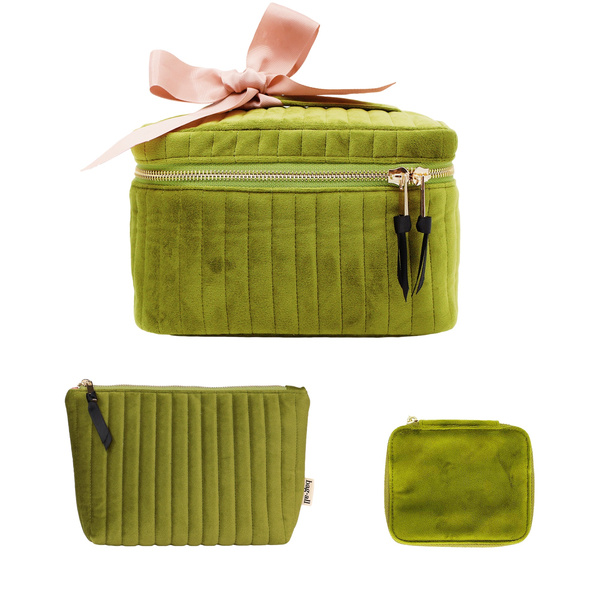 Bag-all eco velvet green 3-piece makeup and jewelry set with pink bow in gallery position one view