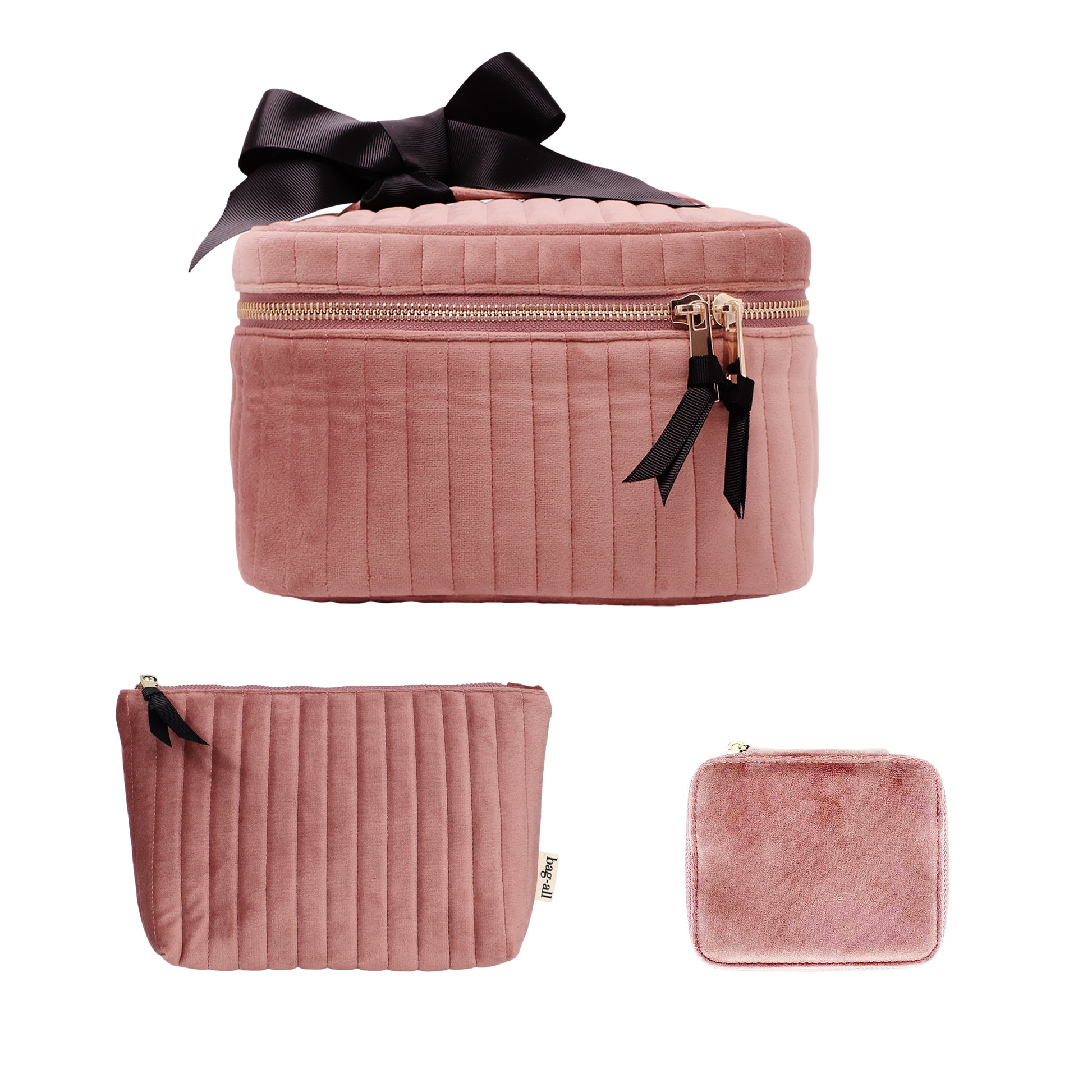 Bag-all eco velvet pink 3-piece makeup and jewelry gift set with black bow and gold-tone zippers gallery one view