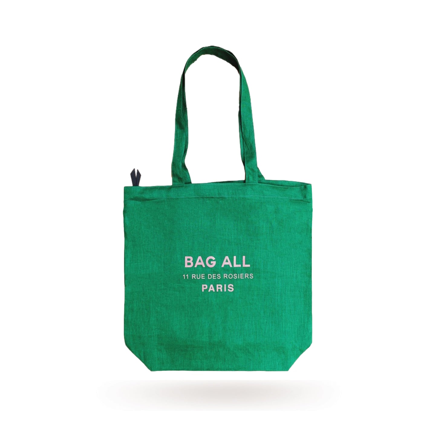 Bag-all Paris Le Marais green linen tote with zipper, featuring inside pocket and white logo design. Eco-friendly everyday carry bag for shopping and travel essentials.