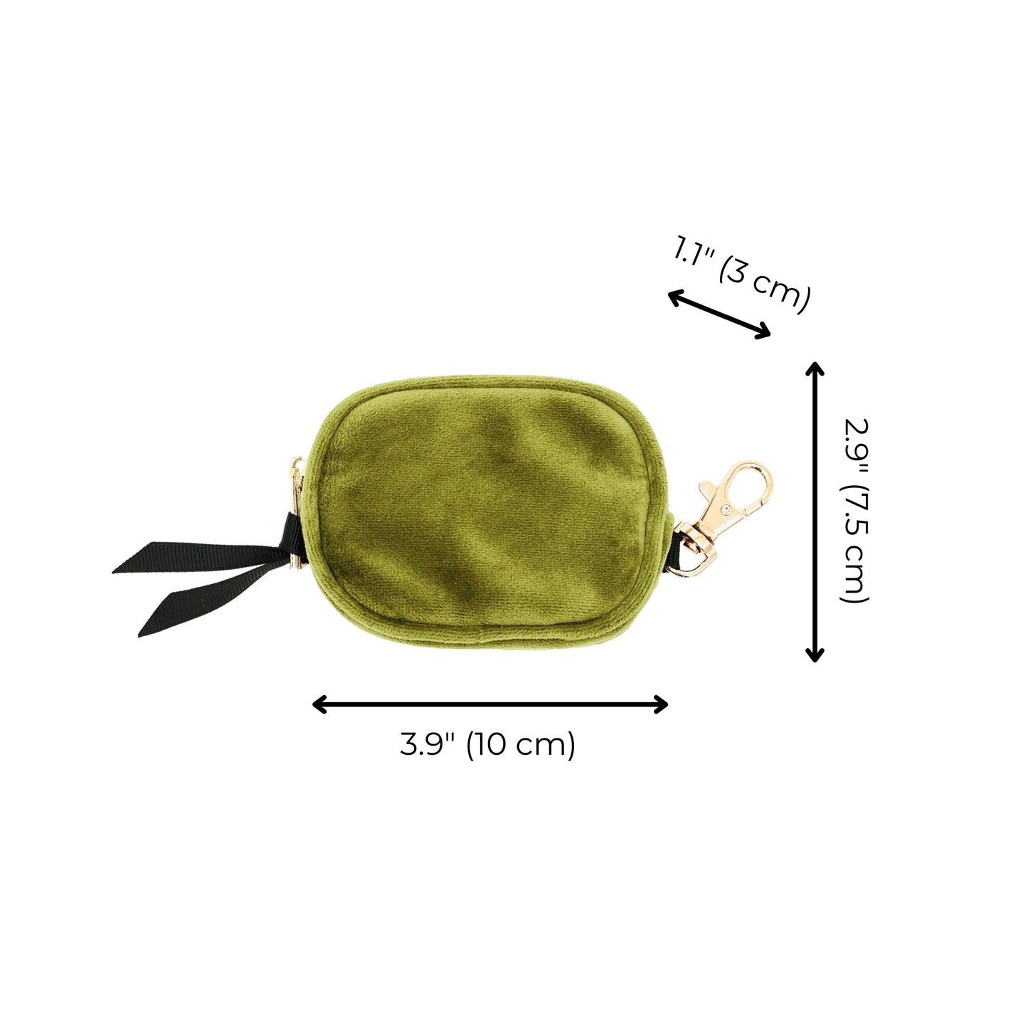 Bag-all Green Velvet Earbuds Case with gold zipper and clasp, featuring eco-friendly velvet material and black bow detail, measuring 3.9x2.9x1.7 inches, perfect for AirPods storage and protection