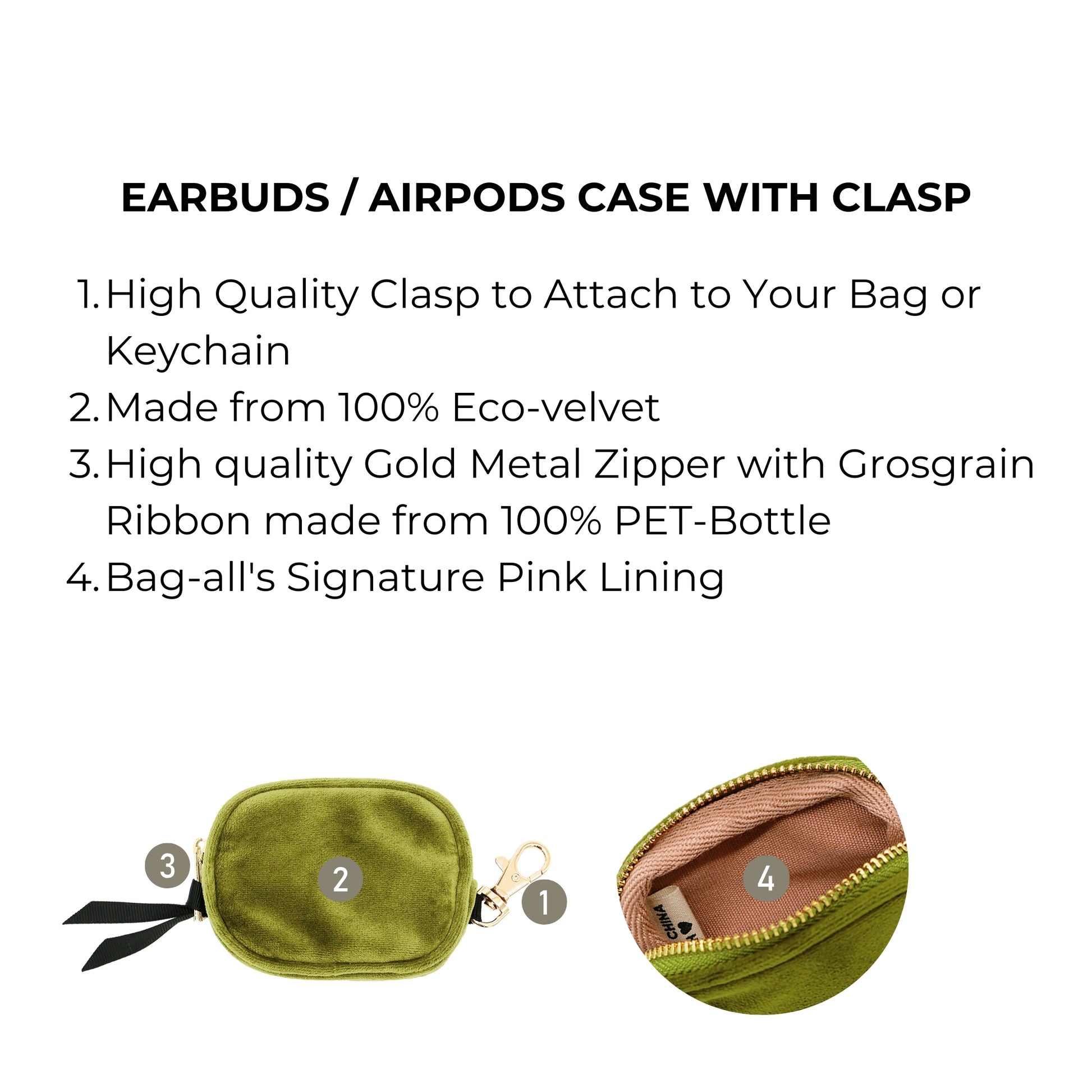 Bag-all Green Velvet Earbuds Case with gold clasp and zipper, featuring eco-friendly velvet exterior, pink signature lining, and PET-bottle ribbon attachment for convenient carrying and storage