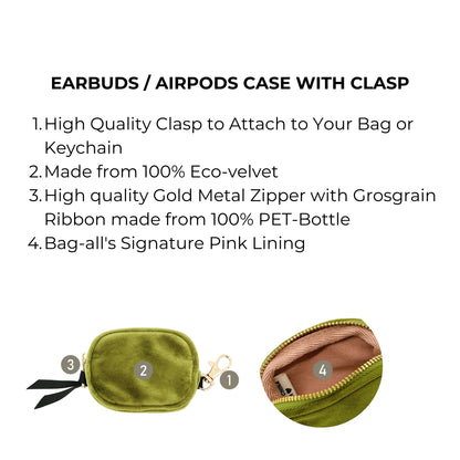 Bag-all Green Velvet Earbuds Case with gold clasp and zipper, featuring eco-friendly velvet exterior, pink signature lining, and PET-bottle ribbon attachment for convenient carrying and storage