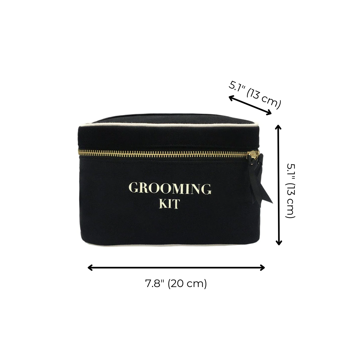 Bag-all Grooming Kit Box in black cotton with gold zipper, featuring white text and top handle. Compact organizer measuring 7.8x5.1x5.1 inches for travel toiletries and grooming essentials.