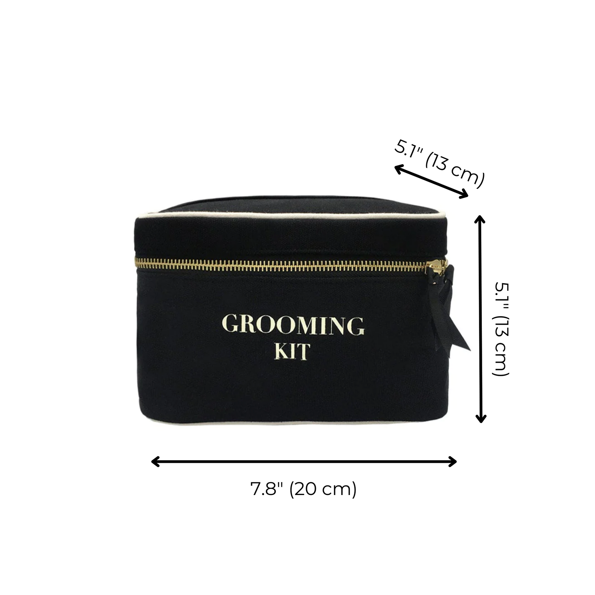 Bag-all Grooming Kit Box in black cotton with gold zipper, featuring white text and top handle. Compact organizer measuring 7.8x5.1x5.1 inches for travel toiletries and grooming essentials.