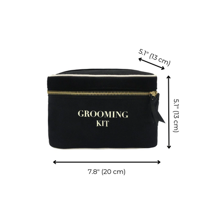 Bag-all Grooming Kit Box in black cotton with gold zipper, featuring white text and top handle. Compact organizer measuring 7.8x5.1x5.1 inches for travel toiletries and grooming essentials.