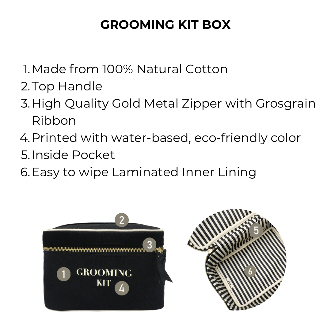 Bag-all Black Grooming Kit Box with cotton exterior, gold zipper, top handle and striped lining - perfect for organizing toiletries and travel essentials