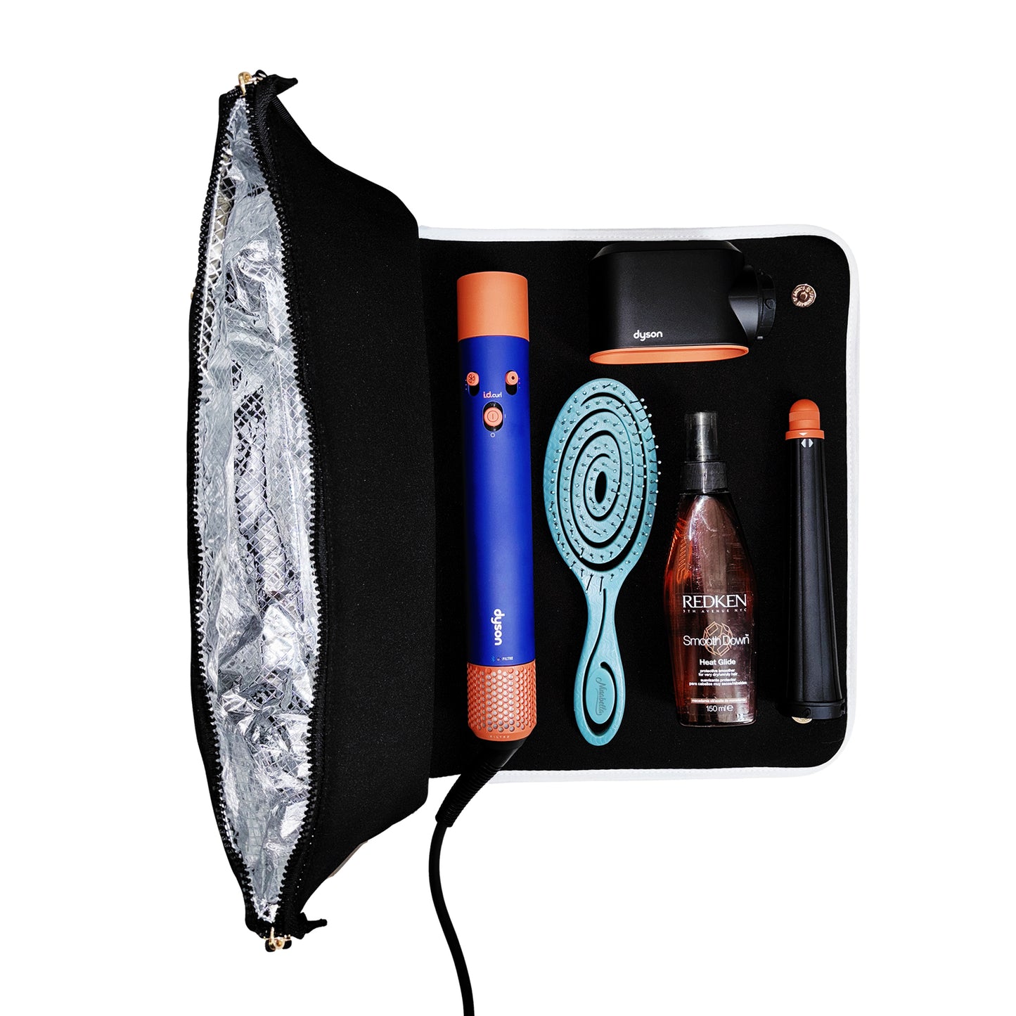 Bag-all black hair tools organizer with 3-pack brushes and styling tools in a sleek compact design