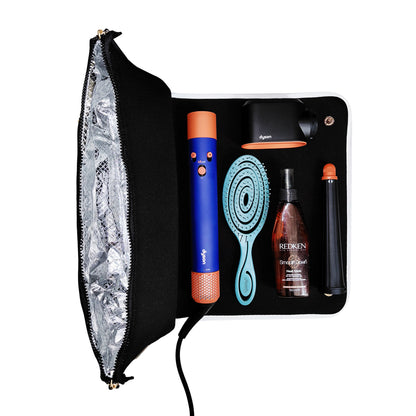 Bag-all black hair tools organizer with 3-pack brushes and styling tools in a sleek compact design