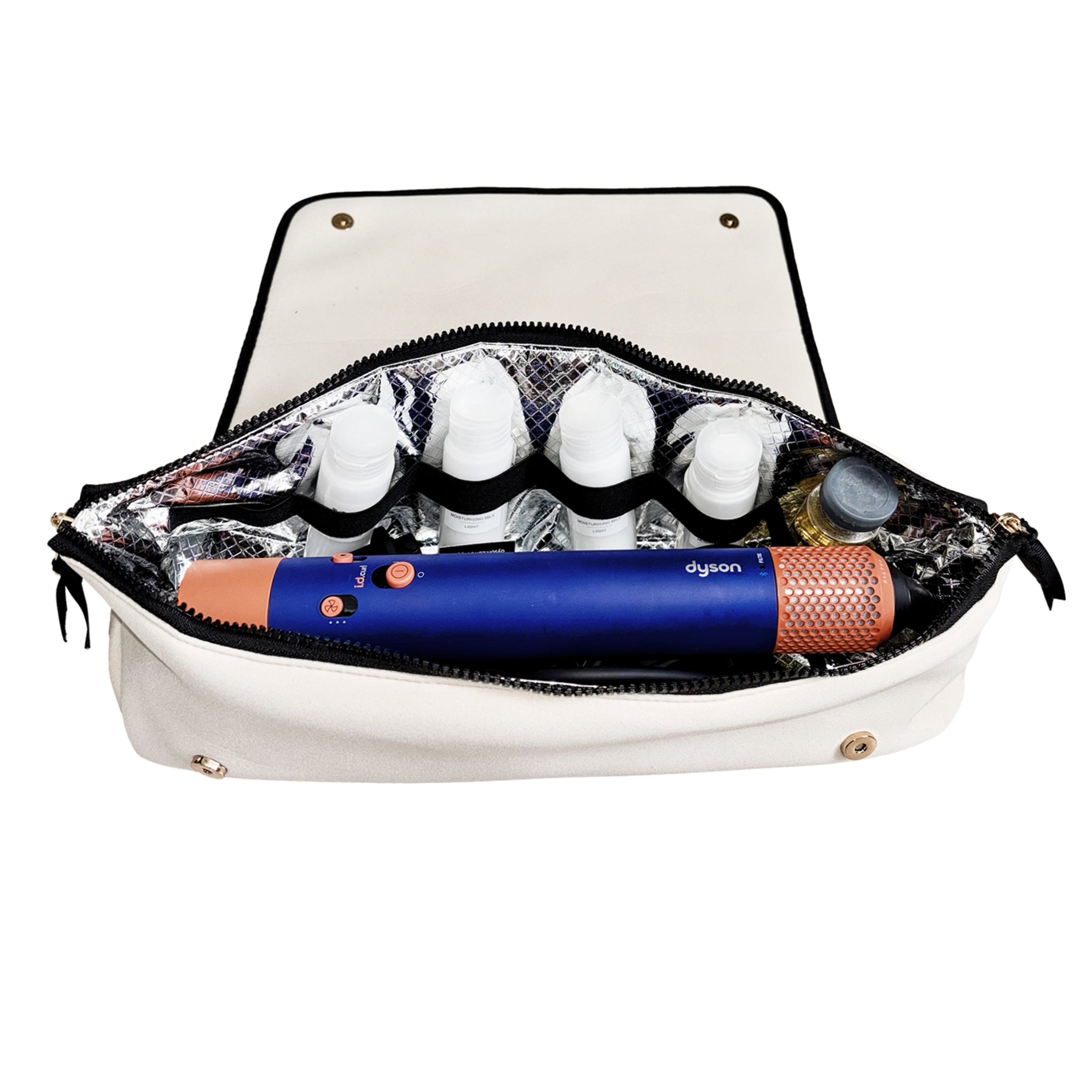 Bag-all cream travel case with heat-resistant mat holding hair tools and bottles for easy organization and protection