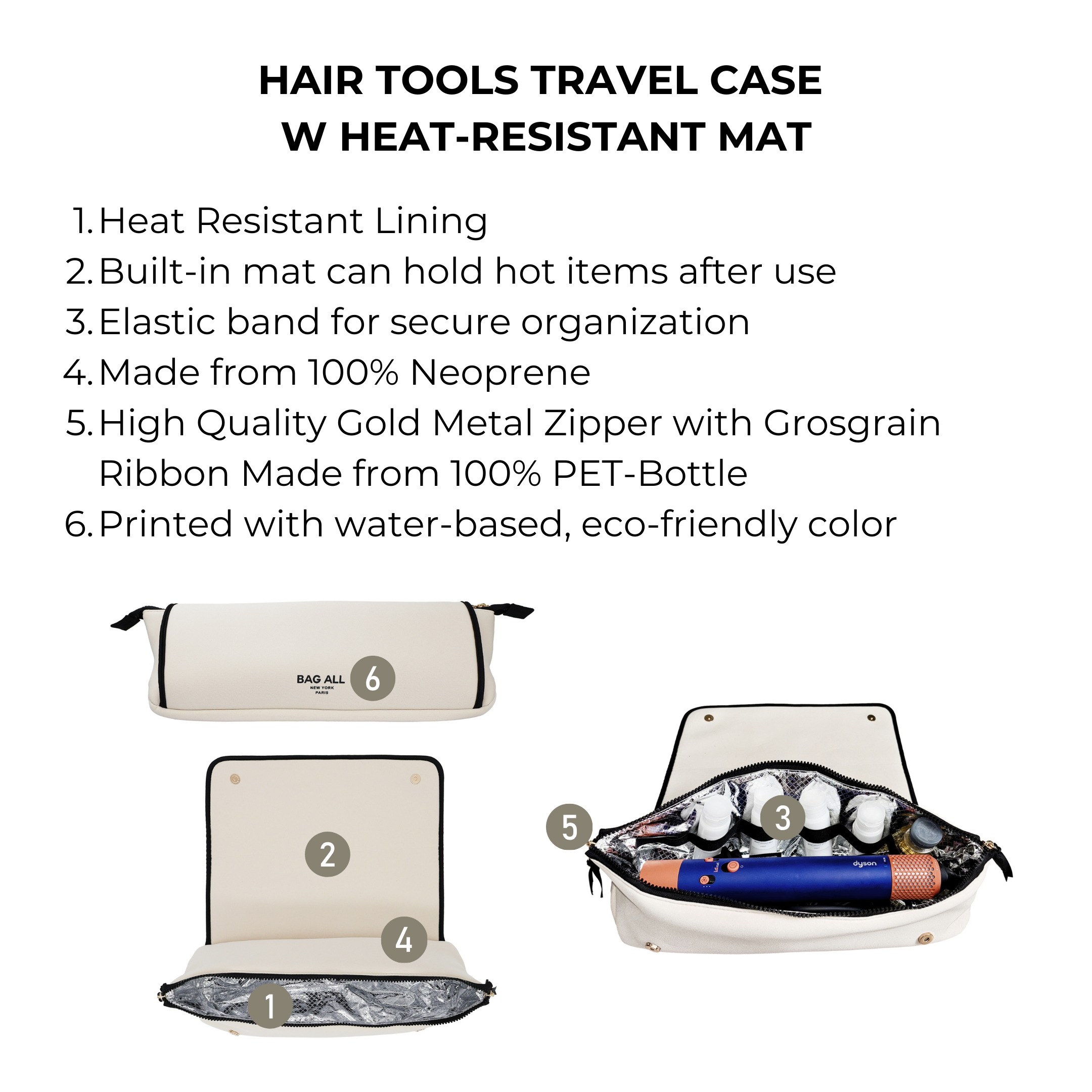 Bag-all cream hair tools travel case with heat-resistant mat and elastic band for secure organization and protection.