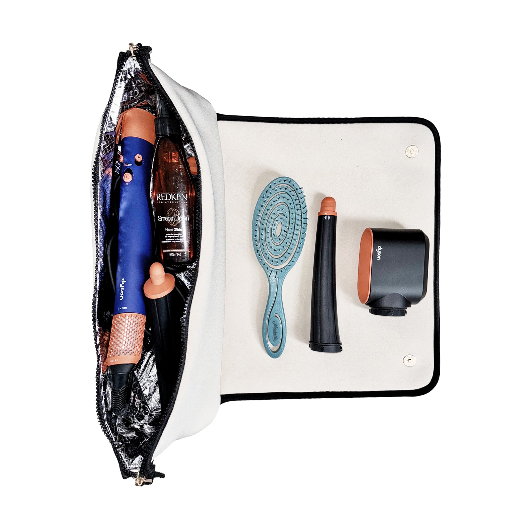 Bag-all cream hair tools travel case with heat-resistant mat holding styling tools and hairbrush inside