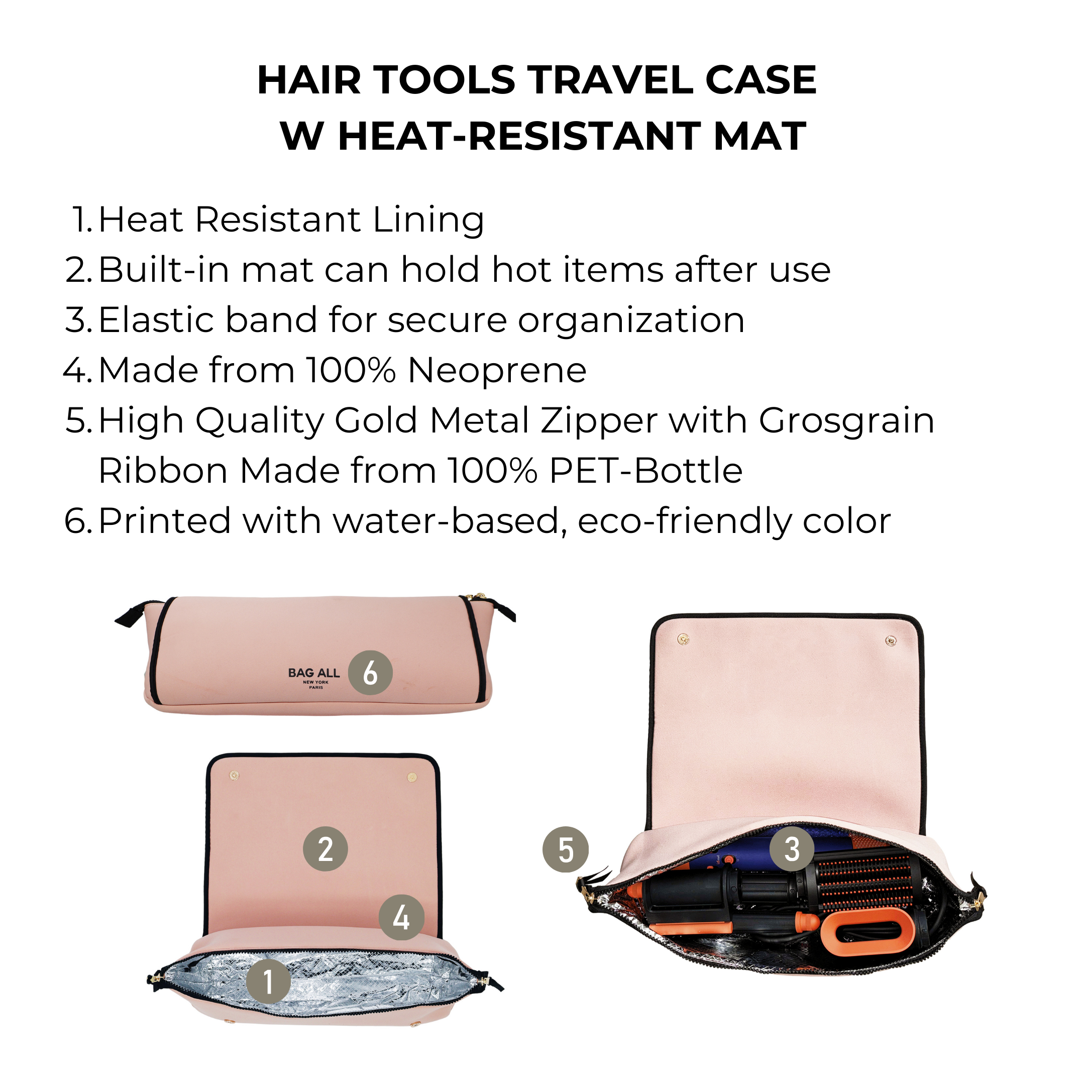 Bag-all pink blush hair tools travel case with heat-resistant mat elastic band and eco-friendly neoprene design