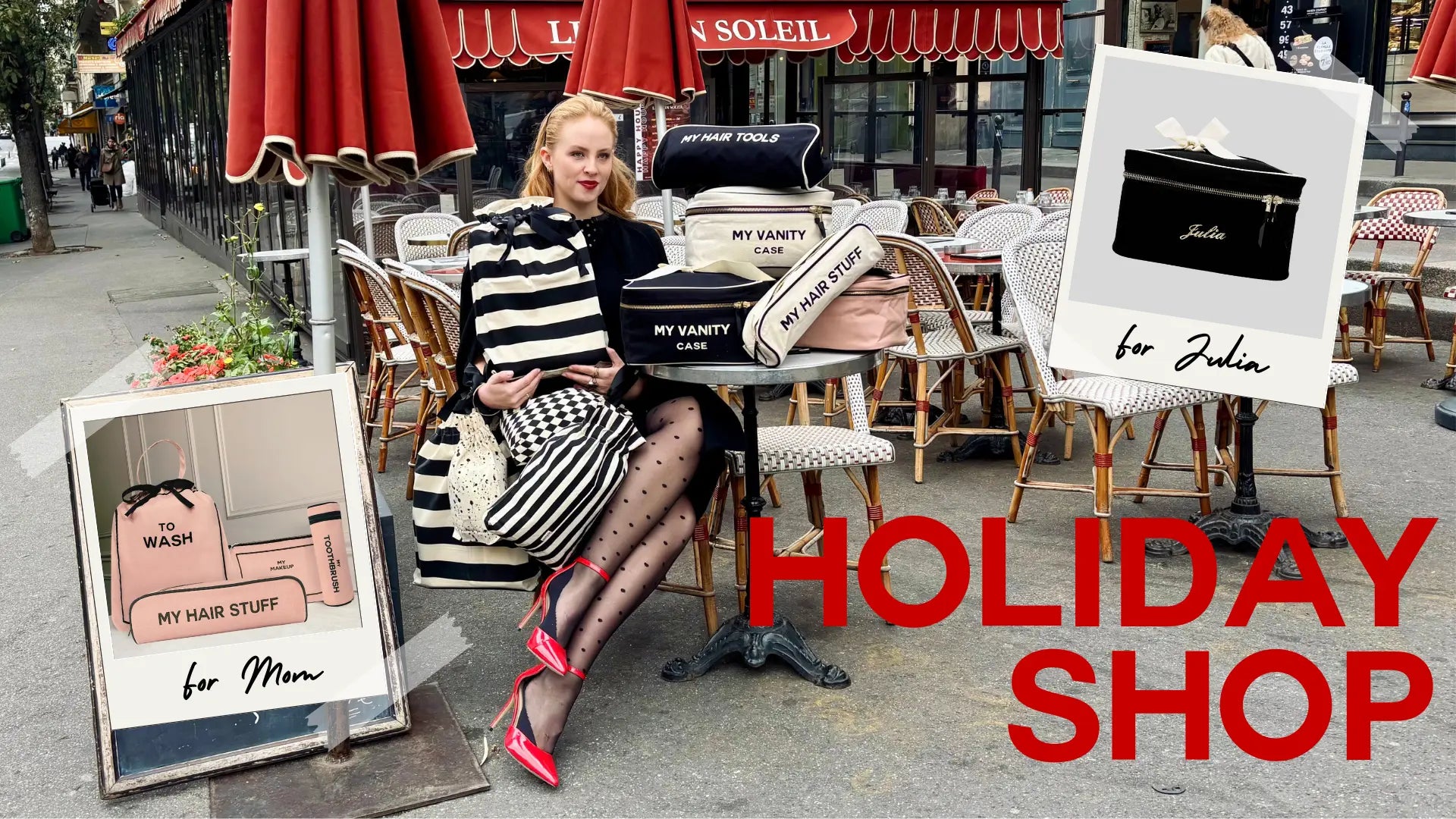 Woman sitting at outdoor cafe with black and cream Bag-all vanity cases and pink haircare bags in stylish city setting