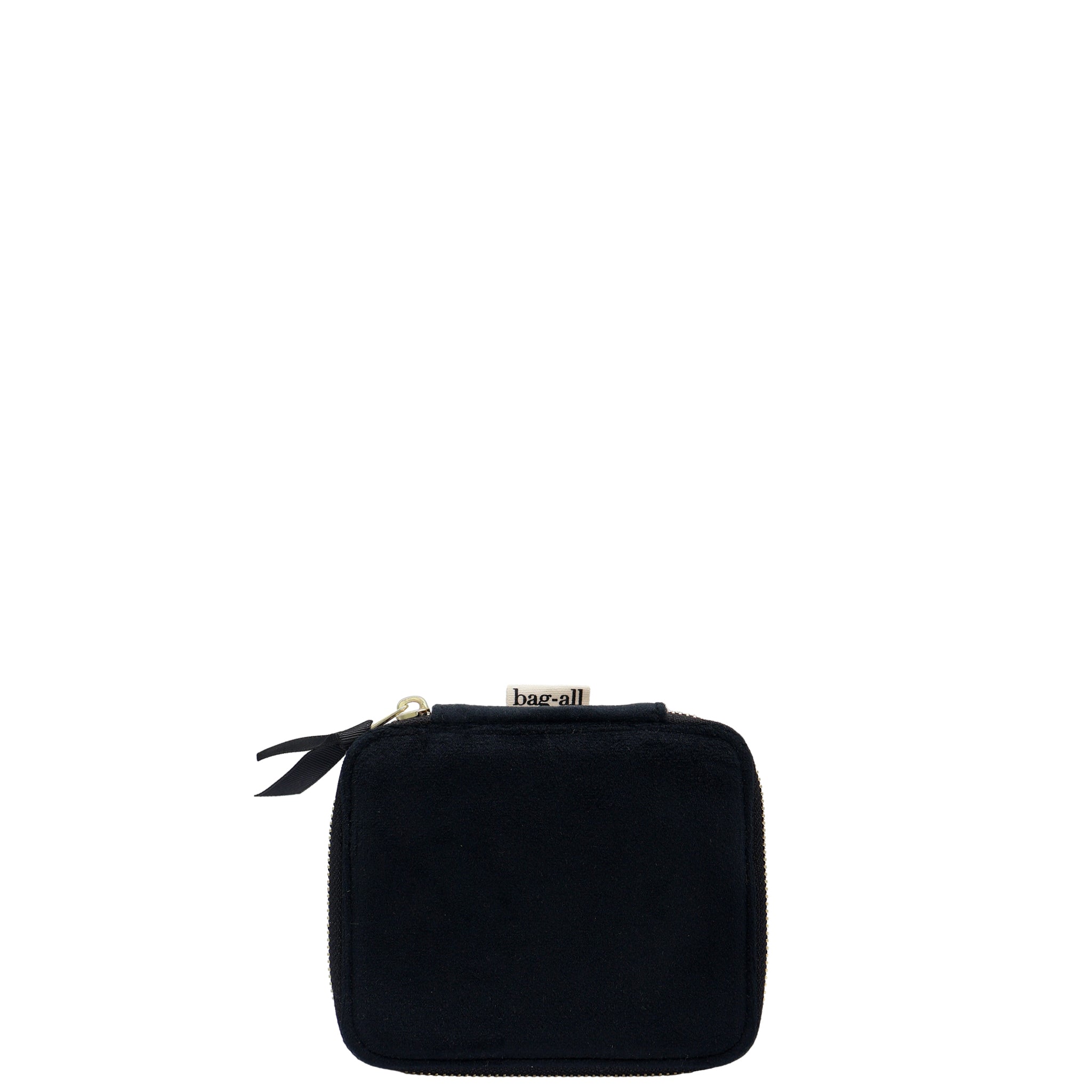Black eco-velvet Bag-all compact makeup and jewelry storage case with zipper and gold-tone accents