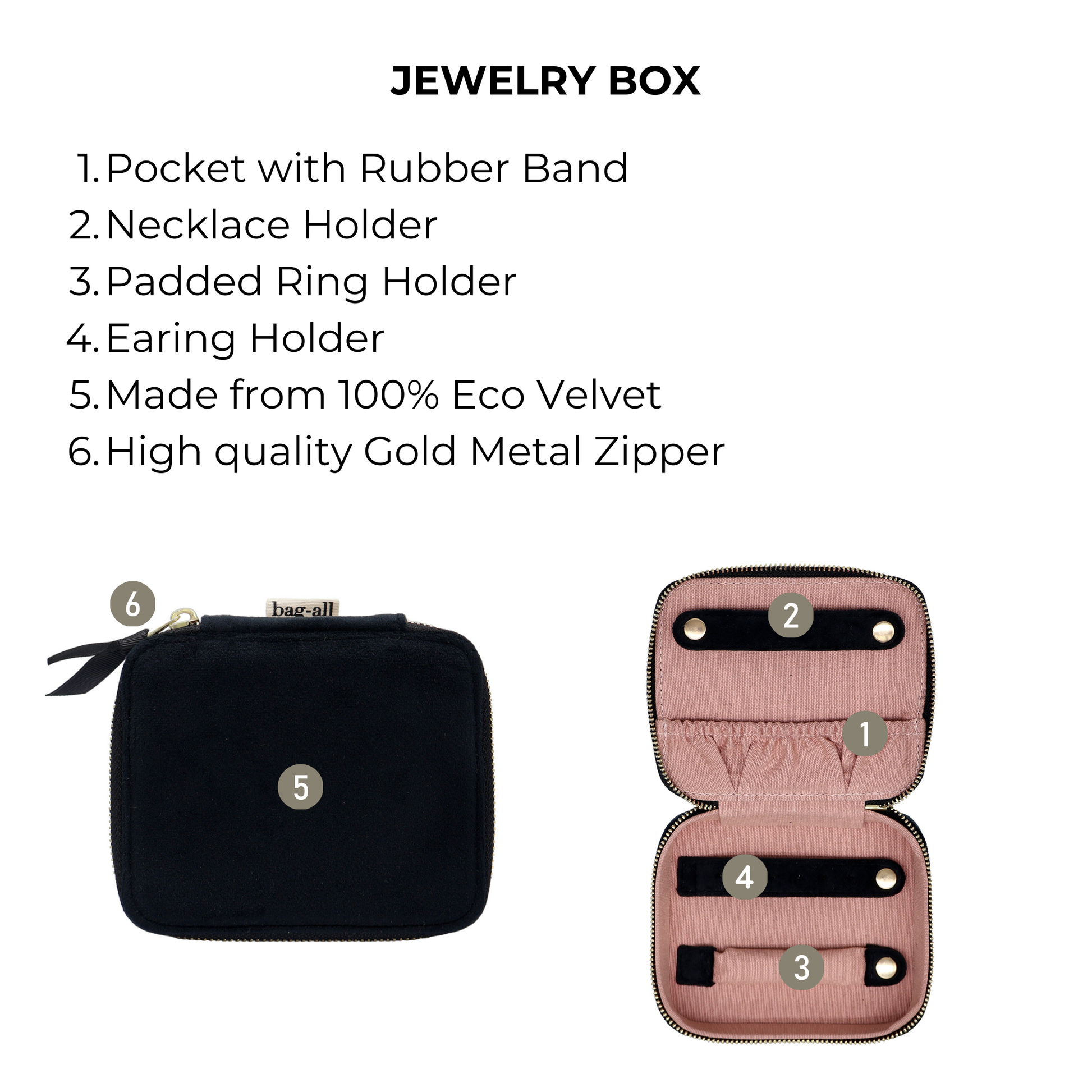 Compact black Bag-all jewelry organizer case in eco velvet with gold zipper and compartments for rings, earrings, and necklaces
