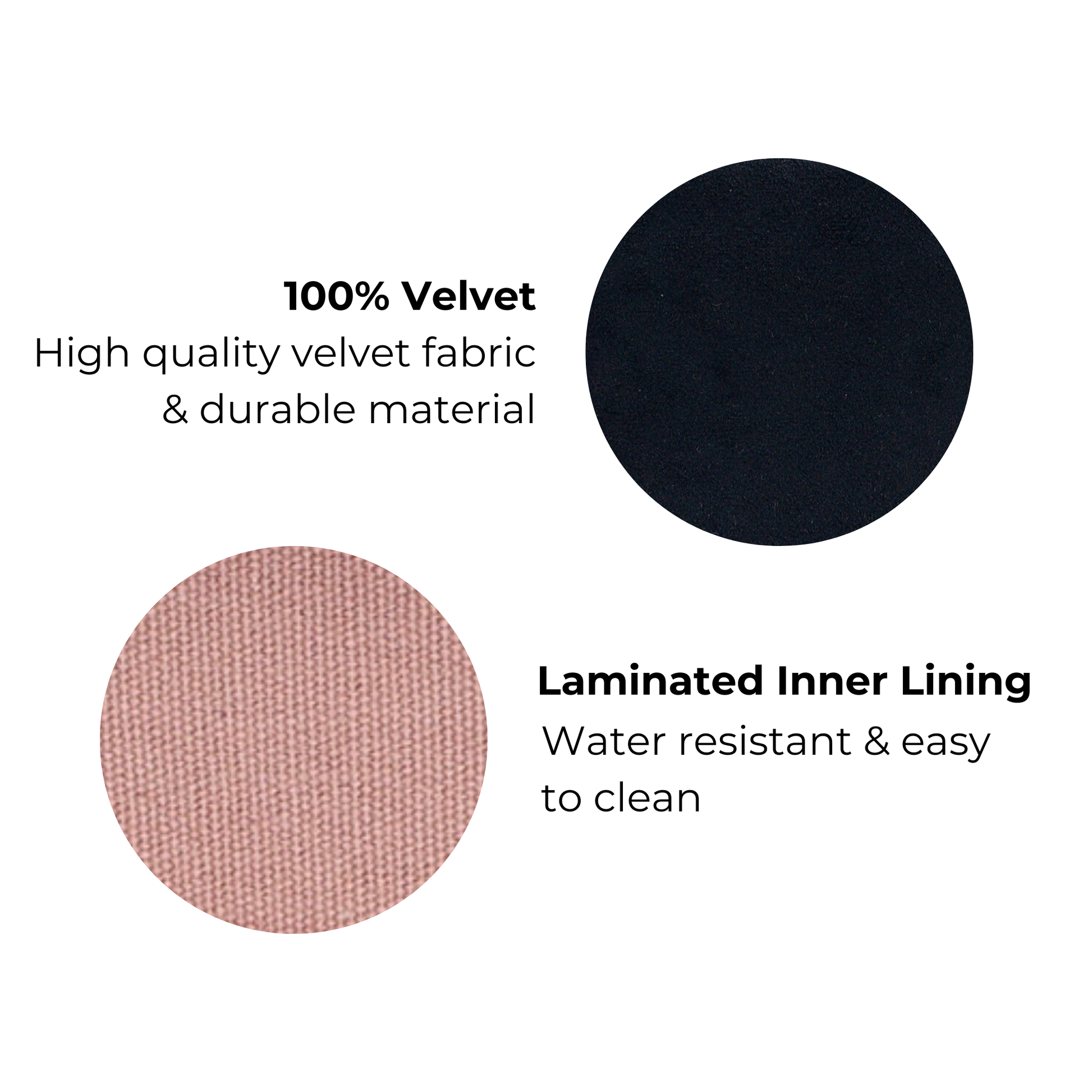 Close-up of black velvet fabric and pink laminated inner lining showing Bag-all Jewellery Organizer Case materials and quality features