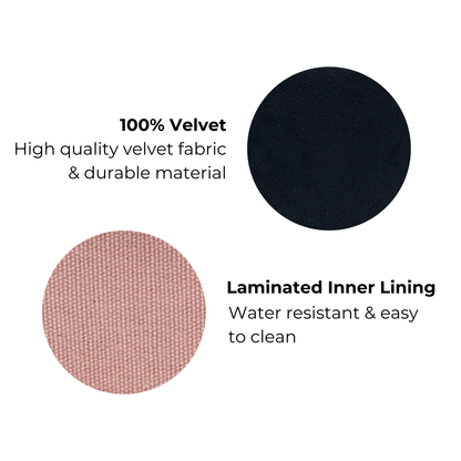 Close-up of black velvet fabric and pink laminated inner lining showing Bag-all Jewellery Organizer Case materials and quality features