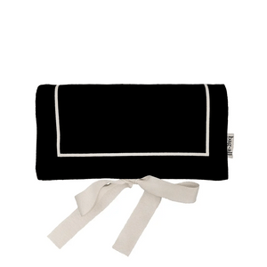 Bag-all Couture Jewelry Roll Medium Black with white trim and ribbon ties, elegant travel organizer with triple compartments for necklaces and accessories