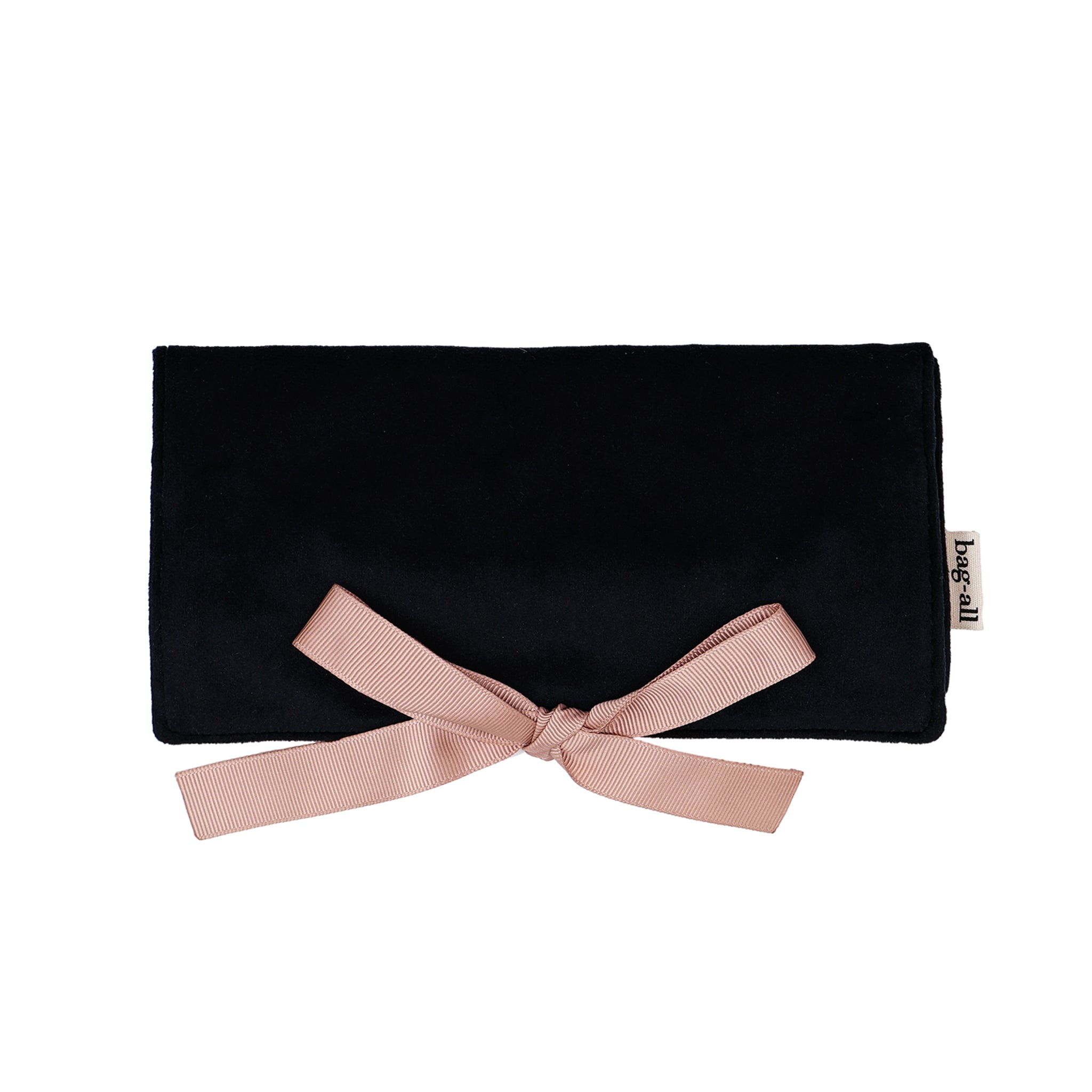 Bag-all black eco velvet jewelry case with soft pink tie for elegant, compact travel and storage protection