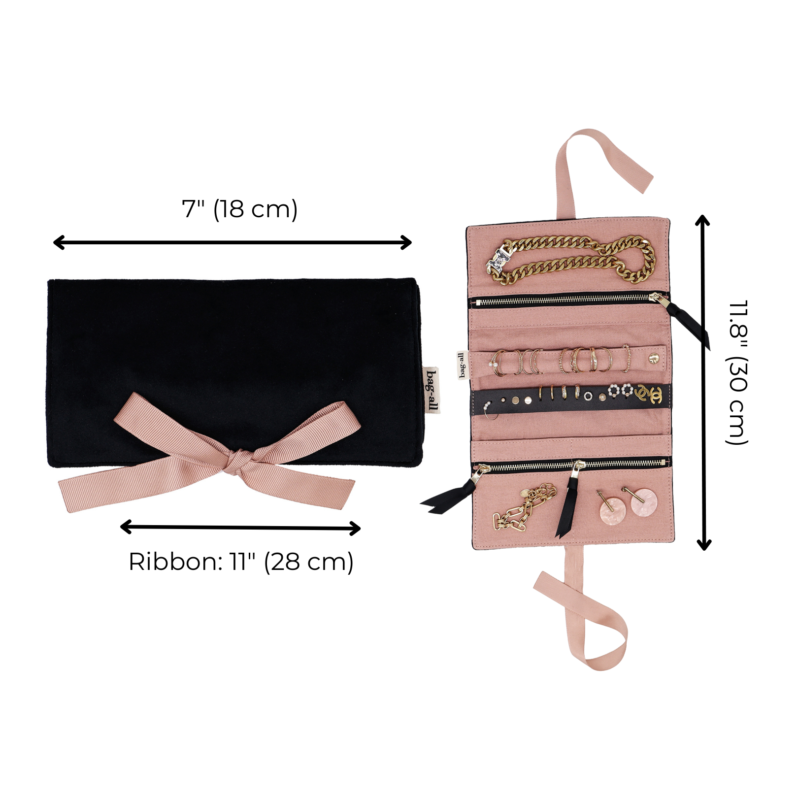 Bag-all eco velvet black jewelry roll with pink satin ribbon, compartments, and leather earring holder for travel organization