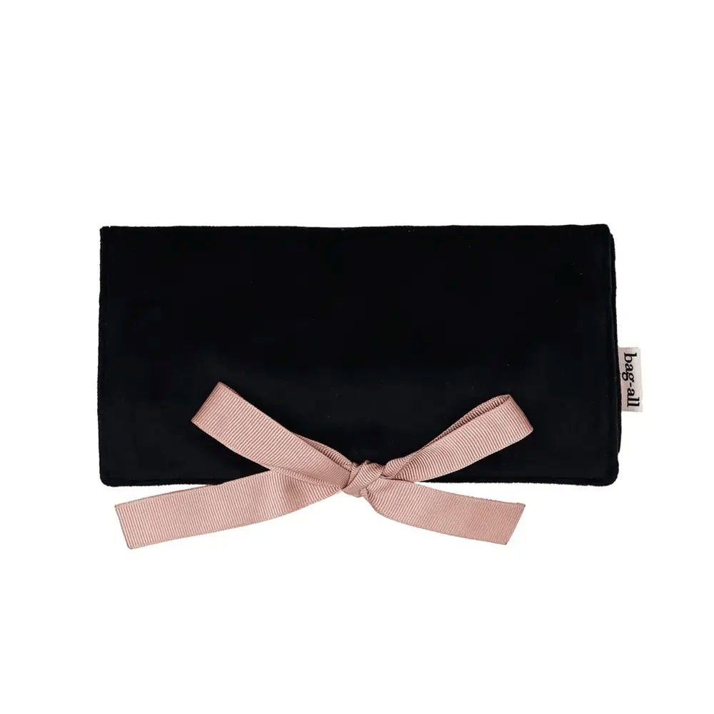Bag-all black velvet medium jewelry roll with soft pink tie closure in gallery position 1 view
