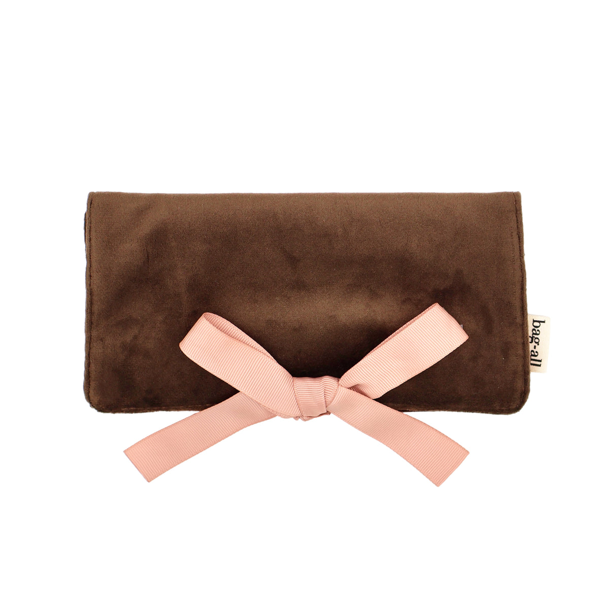Couture Jewellery Roll, Medium – Eco Velvet – Espresso Brown by Bag-all brown velvet travel organizer with pink bow