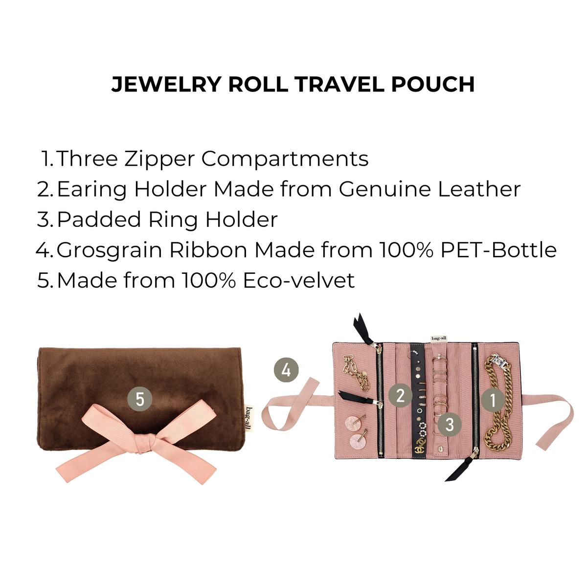 Couture Jewellery Roll, Medium – Eco Velvet – Espresso Brown infographic by Bag-all showing 3 compartments and ring holder