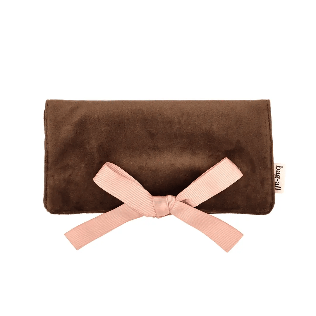 Couture Jewellery Roll, Medium – Eco Velvet – Espresso Brown by Bag-all in brown velvet with pink bow for travel organization