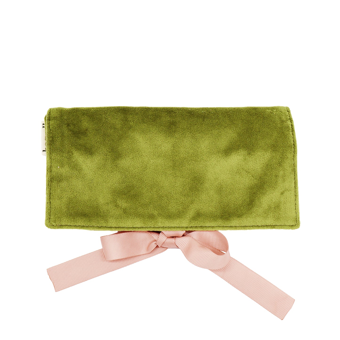 Medium green velvet Couture Jewelry Roll with pink ribbon, elegant organizer for travel and storage