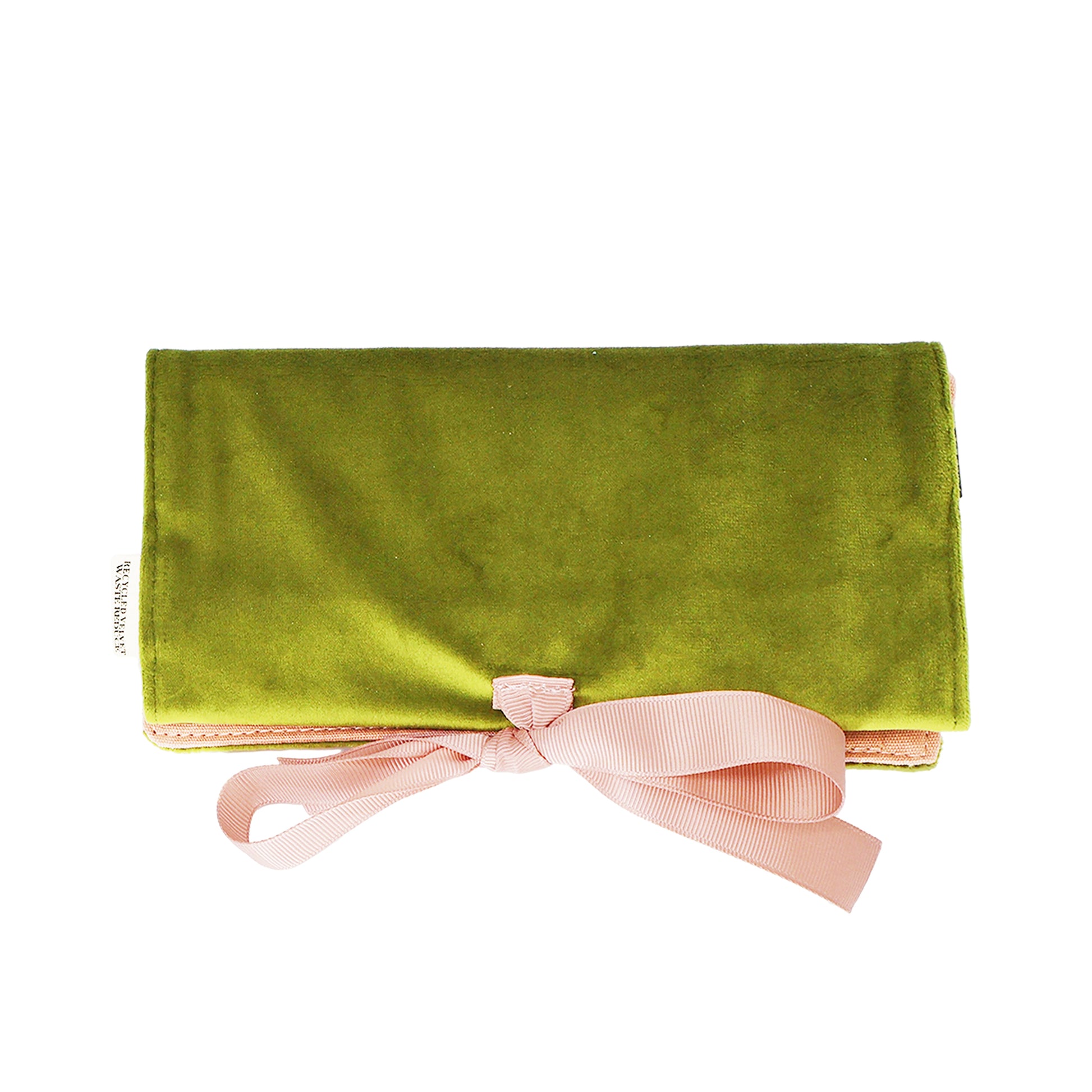 Bag-all Couture Jewelry Roll in luxurious green velvet with pink ribbon tie - medium size travel organizer with multiple compartments for elegant jewelry storage