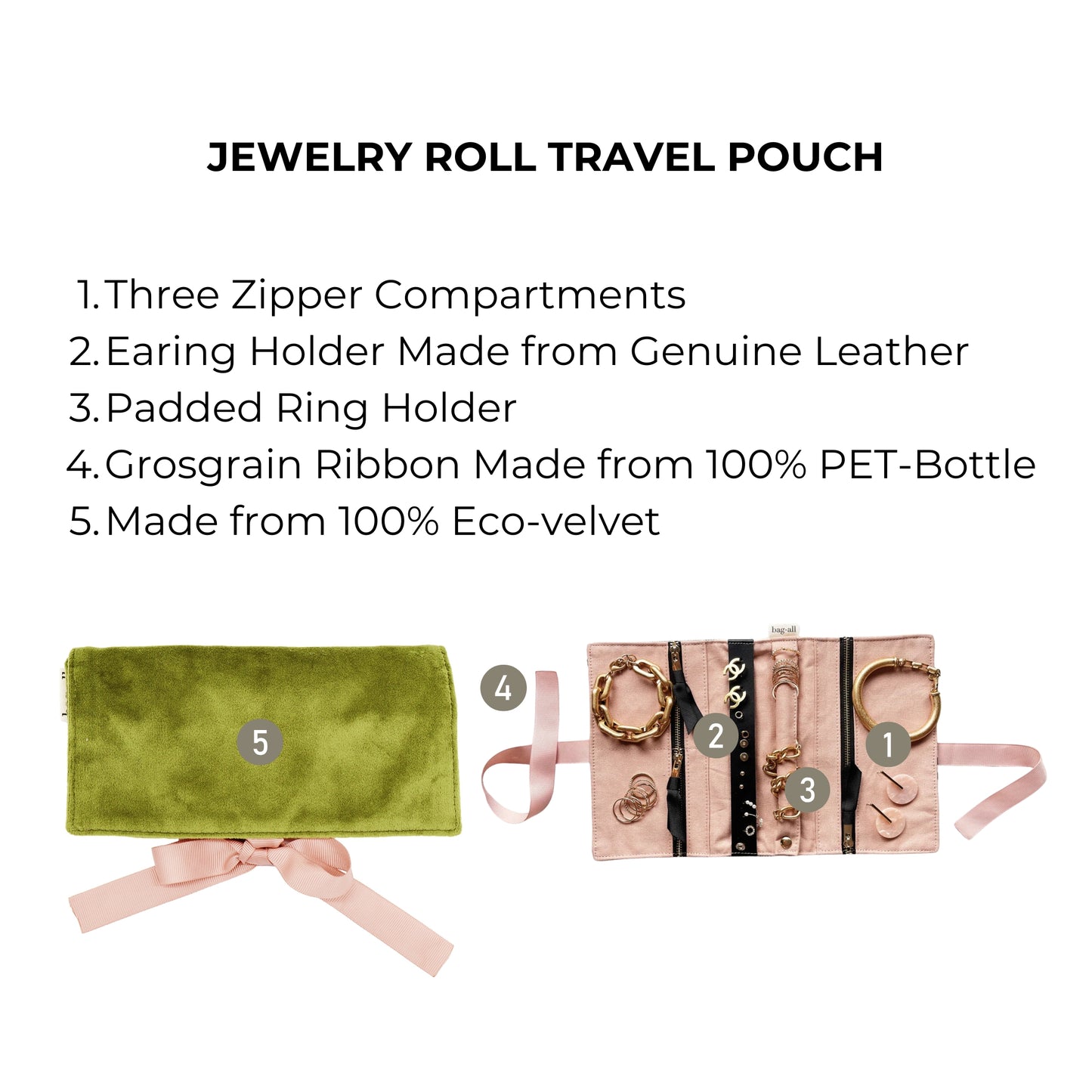 Bag-all Couture Jewelry Roll Medium in luxurious green eco-velvet with three zipper compartments, leather earring holder and padded ring section, perfect for organized travel storage