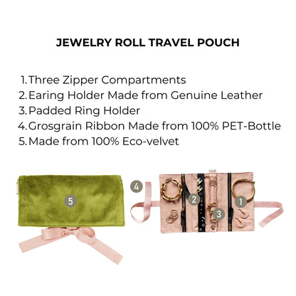 Bag-all Couture Jewelry Roll Medium in luxurious green eco-velvet with three zipper compartments, leather earring holder and padded ring section, perfect for organized travel storage