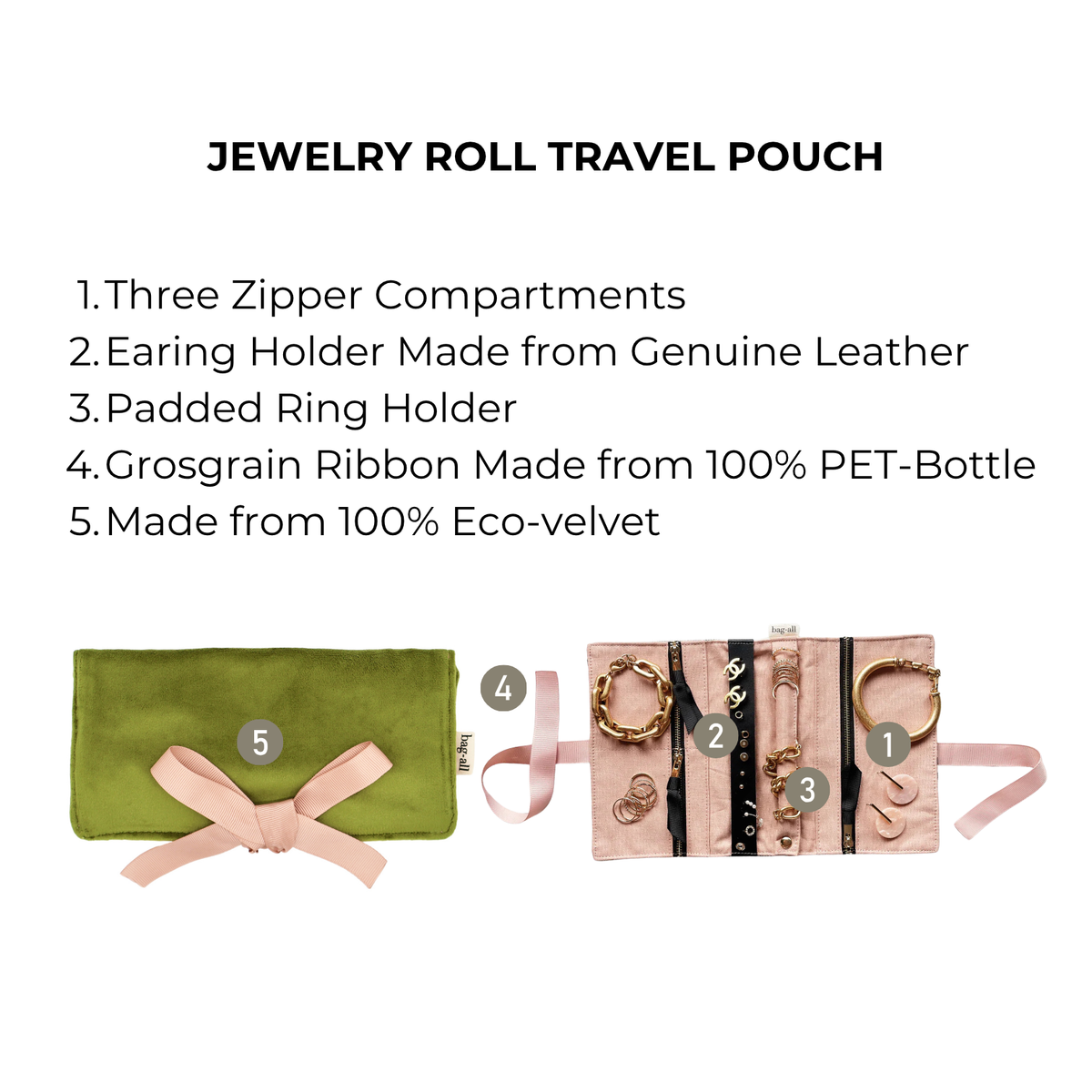 Bag-all Couture Jewellery Roll, Medium – Eco Velvet – Matcha Green infographic with three zipper compartments and ring holder