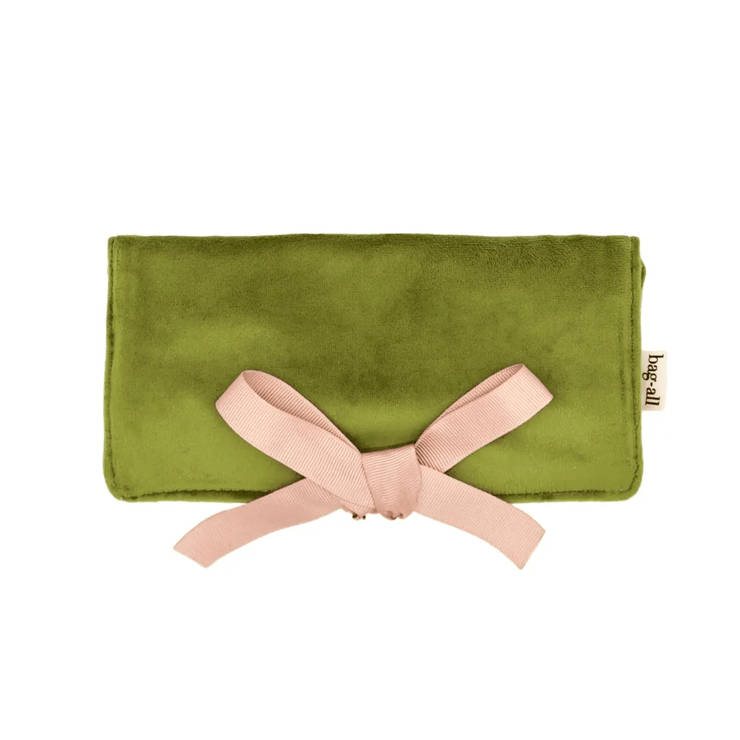 Bag-all Couture Jewellery Roll, Medium – Eco Velvet – Matcha Green with pink ribbon for travel jewelry organization