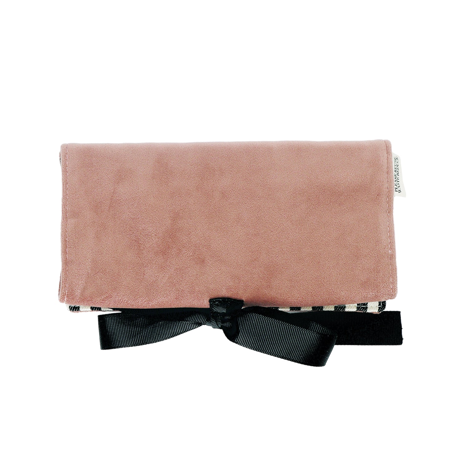 Bag-all Couture Jewelry Roll Medium in Pink Velvet - Luxurious travel organizer with three zippered compartments and leather earring holder, secured with elegant black bow