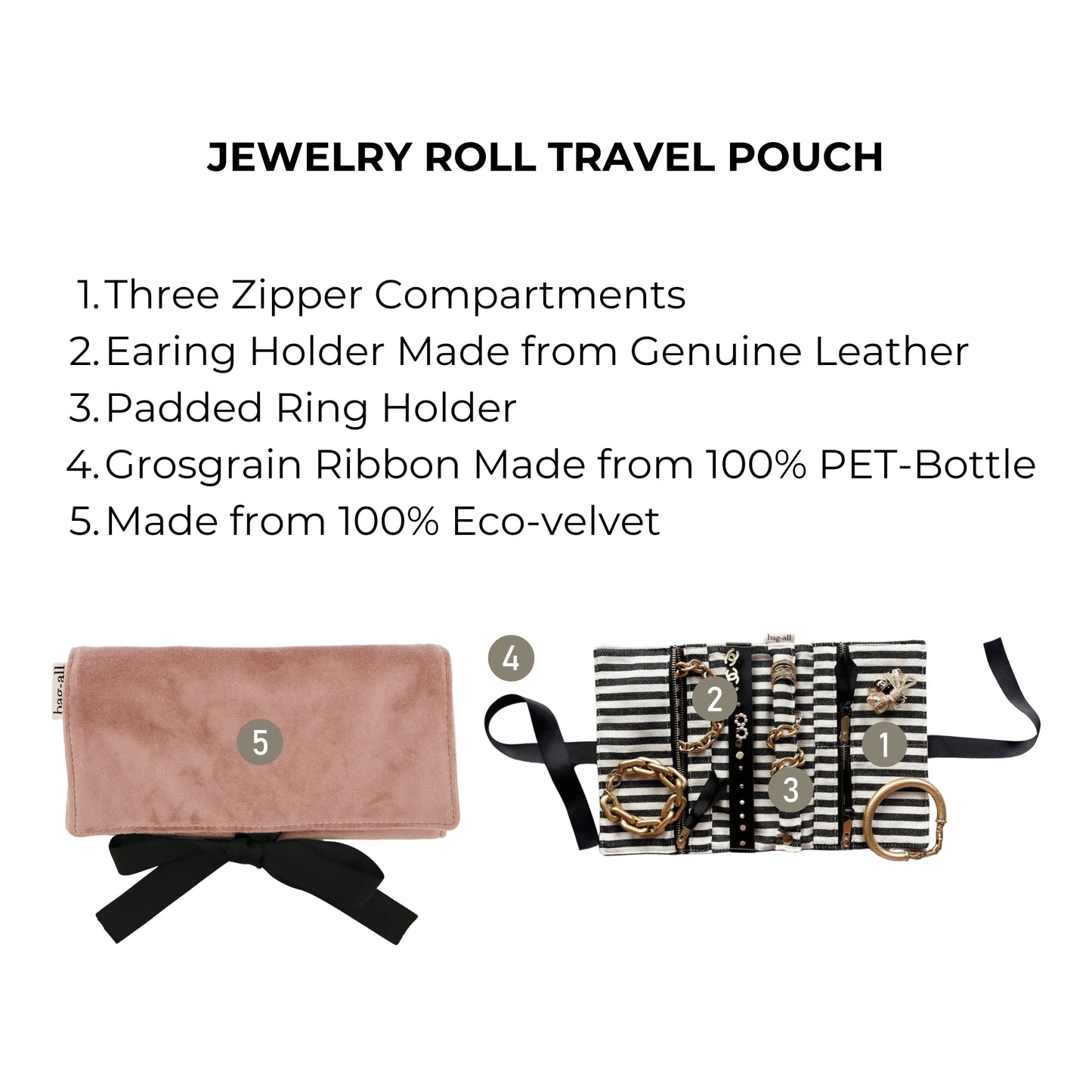 Bag-all Couture Jewelry Roll Medium in pink eco-velvet features three zipper compartments, leather earring holder, padded ring section, and striped interior with black ribbon closure