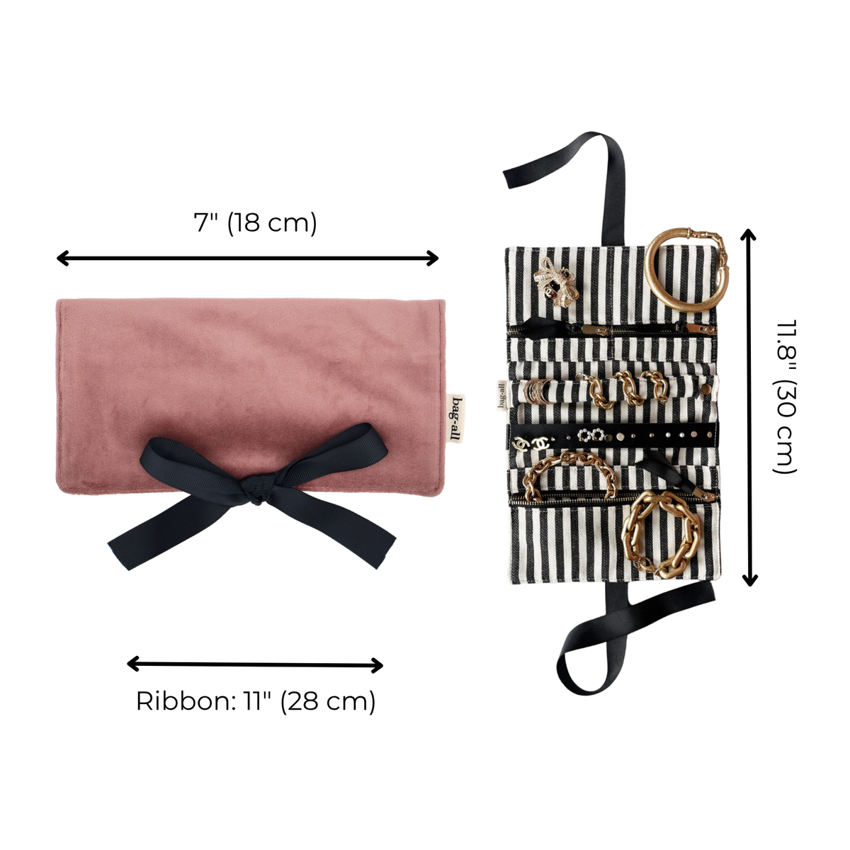 Size chart for Bag-all Couture Jewellery Roll, Medium – Velvet – Blush Pink, 7 in (18 cm) x 11.8 in (30 cm)