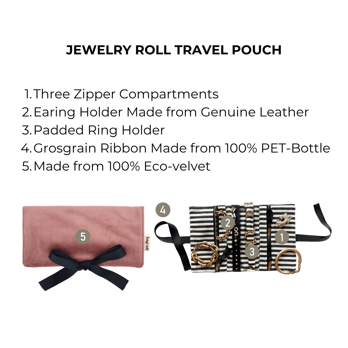 Bag-all Couture Jewellery Roll, Medium – Velvet – Blush Pink infographic showing three zipper compartments and ring holder