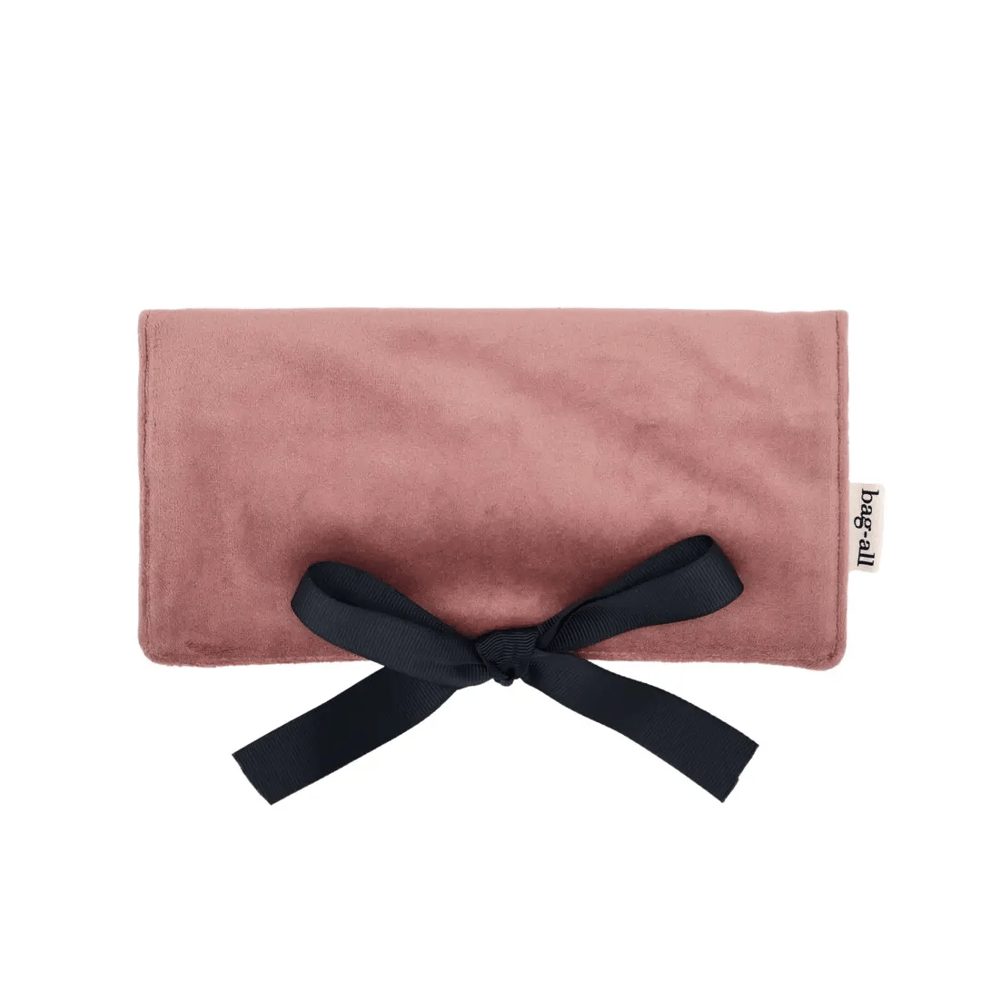Couture Jewellery Roll, Medium – Eco Velvet – Blush Pink by Bag-all in blush velvet with black ribbon for travel jewelry